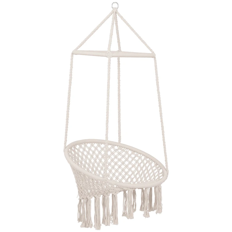 Outsunny Hängesessel Hängeschaukel Schwebesessel Hängestuhl Vintage Ethno wetterfest UV-beständig Baumwolle + Metall Beige Ø80 x H150 cm bis 100 kg