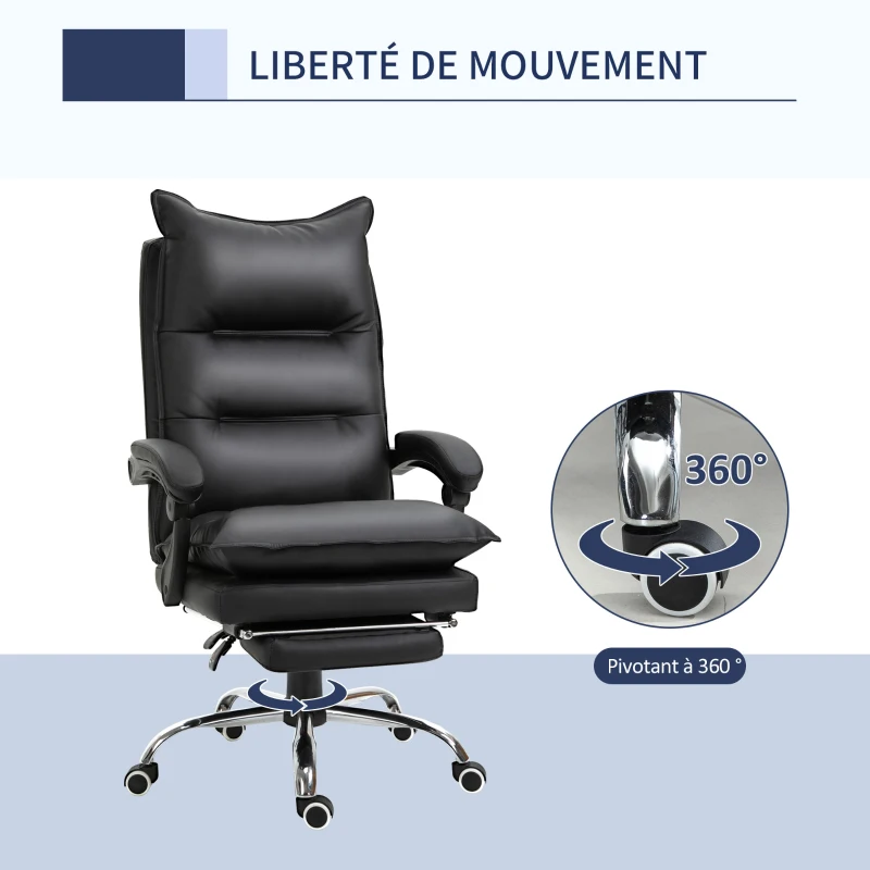 Vinsetto Fauteuil de bureau, chaise bureau ergonomique en similicuir avec large assise rembourrée, dossier inclinable, hauteur réglable, accoudoirs et repose-pied intégrés, charge 135 Kg, noir