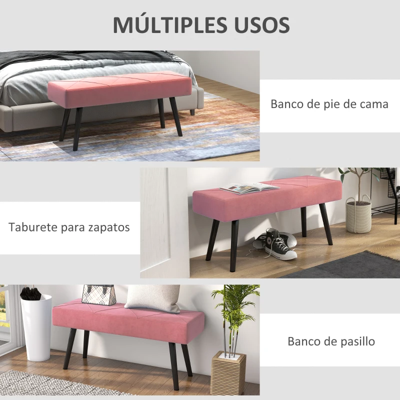 HOMCOM Taburete Pie de Cama Multifuncional con Pies de Acero y Asiento Acolchado para Entrada Pasillo 100x36x45 cm Rosa