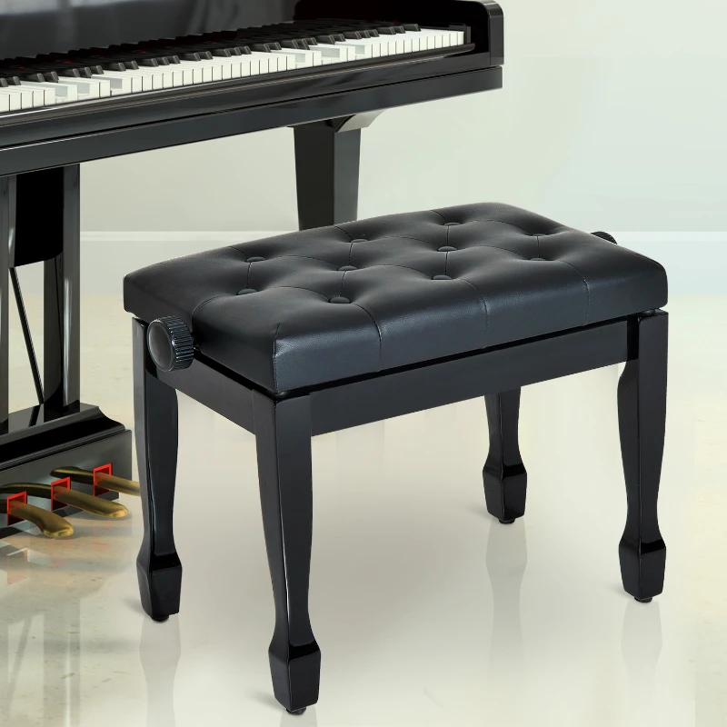 HOMCOM Banc de piano, banc de clavier réglable en hauteur en bois massif, tabouret piano avec compartiment caché, siège rembourré polyuréthane à 10 boutons, stable et antidérapant, charge 200kg, noir