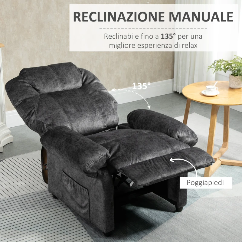 HOMCOM Poltrona Relax Reclinabile Manuale in Tessuto con Poggiapiedi Estraibile e Tasca Laterale, Nero