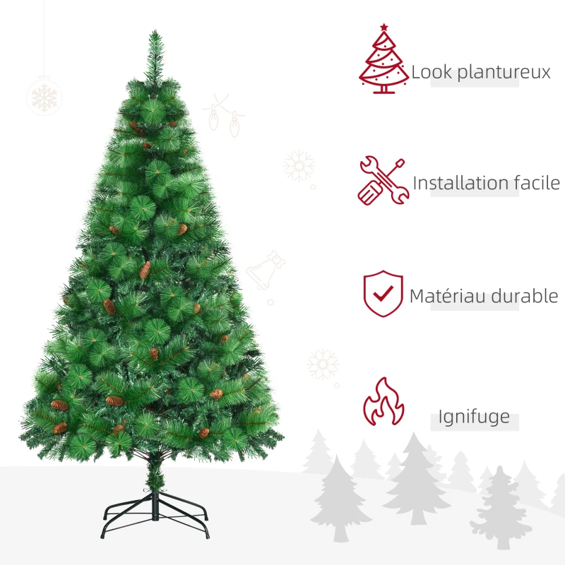 HOMCOM Sapin de Noël artificiel 180 cm 782 branches épines grand réalisme avec pommes de pin vert
