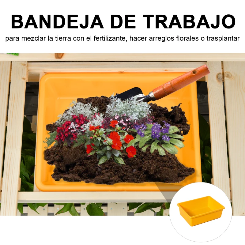 Outsunny Mesa de Plantación de Madera Mesa para Macetas Mesa de Trabajo con Tablero Deslizante 3 Estantes Ganchos Jardín Patio Garaje 100x40x140 cm Natural