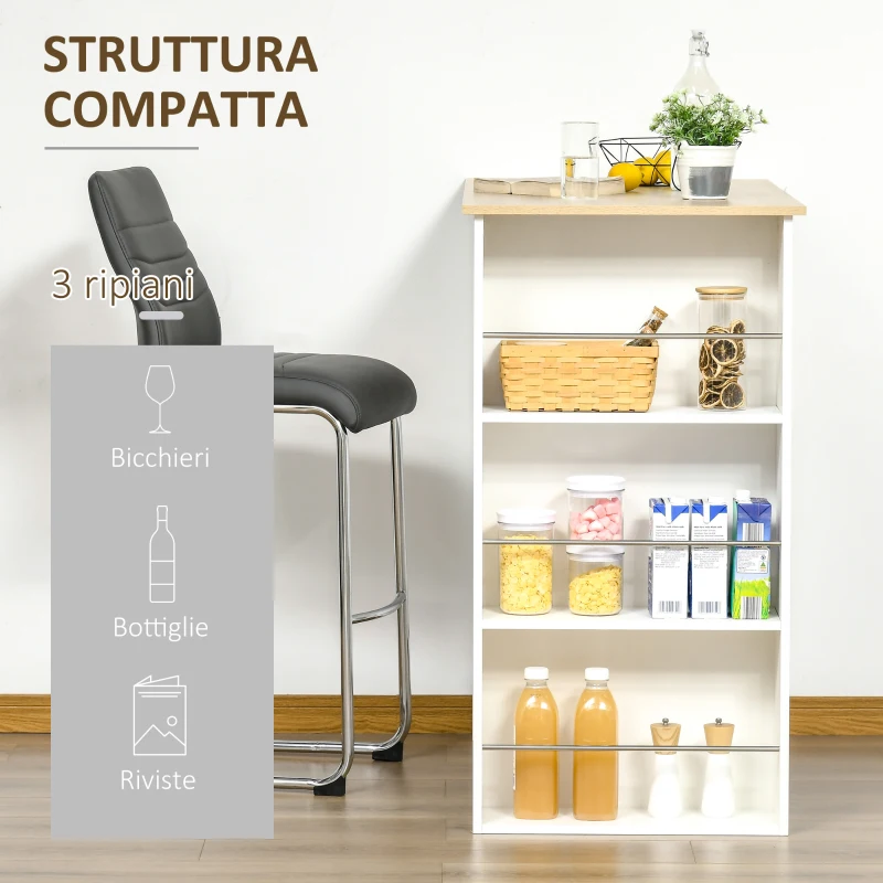 HOMCOM Tavolo da Bar con 3 Mensole e Barre Protettive, in Acciaio e Truciolato, 112x57x106 cm, Bianco