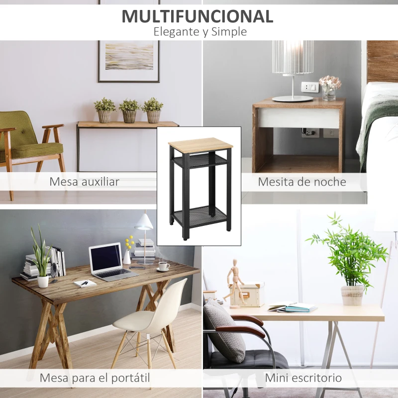HOMCOM Mesa Auxiliar Mesita de Noche Estilo Industrial con 2 Estantes de Rejilla de Metal y Pies Ajustables para Salón Dormitorio 45x35x75 cm Roble y Negro