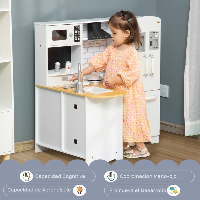 HOMCOM Cocina de Juguete de Madera para Niños de +3 Años con Sonidos 14 Accesorios Cocinita Infantil con Teléfono Fregadero Extraíble Microondas y Grifo 82x65x87 cm Blanco(m-4)