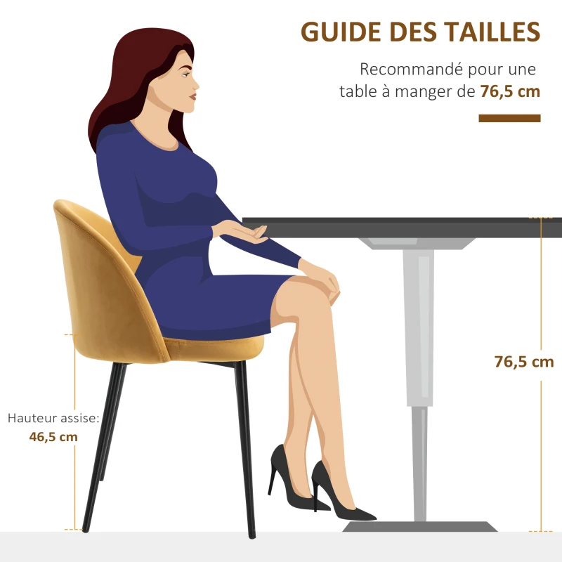 HOMCOM Lot de 2 chaises salle à manger chaise de cuisine scandinave chaise en velours rembourrée avec pieds effilés en métal, pour salon, salle à manger, jaune