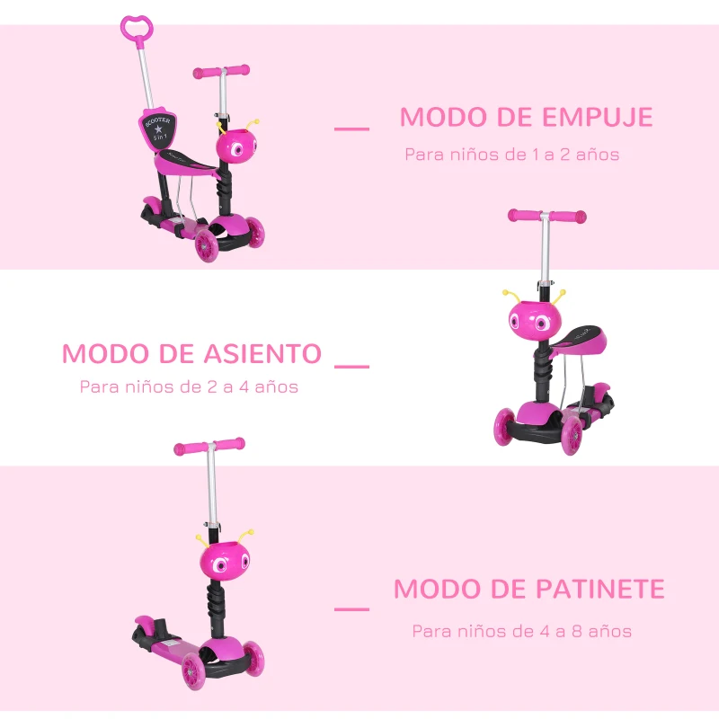 HOMCOM 3 en 1 Patinete para Niños de +18 Meses Scooter de 3 Ruedas con Asiento Extraíble Manillar Mango de Empuje Altura Ajustable 62x25x72,5 cm Rosa