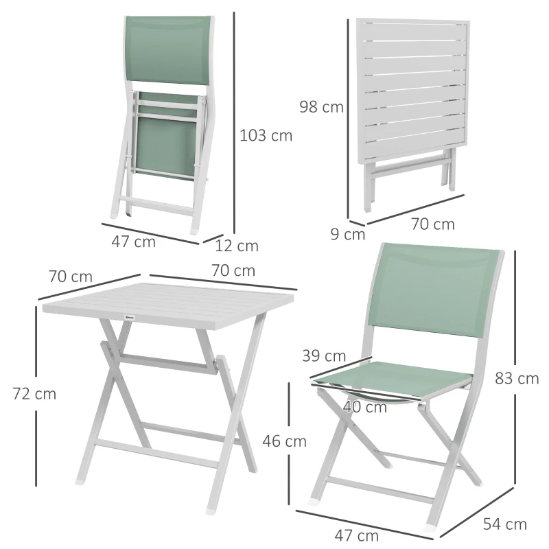 Outsunny Set da Giardino 3pz Pieghevoli in Alluminio con 2 Sedie 47x54x83 cm e Tavolo 70x70x72 cm, Verde