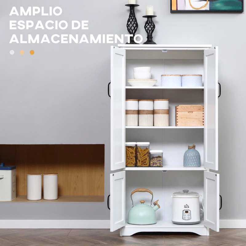 HOMCOM Alacena de Cocina Aparador Alto de Cocina Mueble Auxiliar con 4 Puertas y Estantes Ajustables 60x30x123 cm Blanco(m-4)
