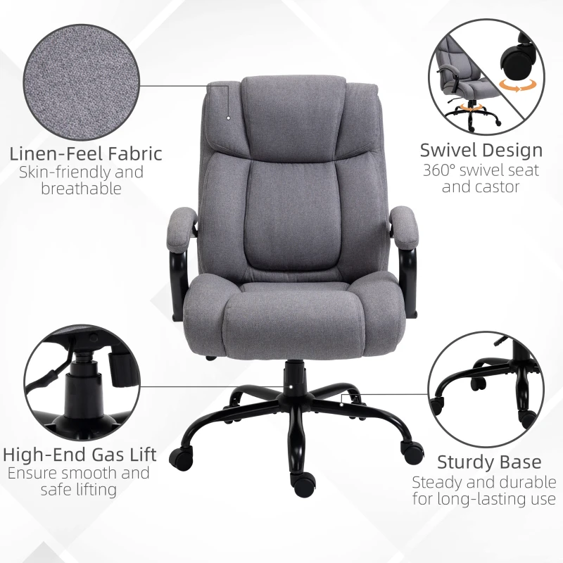 Vinsetto Bürostuhl, Ergonomischer Chefsessel bis 220 kg belastbar, Gepolsterter Schreibtischstuhl mit Armlehne, breit Sitz, Höhenverstellbarer Drehstuhl mit Wippfunktion, Leinenoptik, Hellgrau