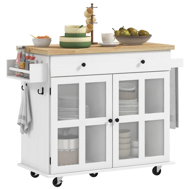 HOMCOM Desserte ilot de cuisine multi-rangements tiroir placards étagère, 115,5L x 46,2l x 86,5H cm, bois d'hévéa blanc