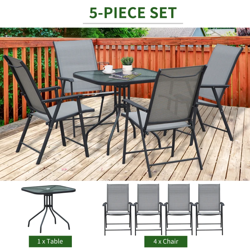 Outsunny Garden Patio 5pcs Dining Set Outdoor Furniture 4 Folding Chairs, Glass Top Table with Parasol Hole, Texteline Seats Grey