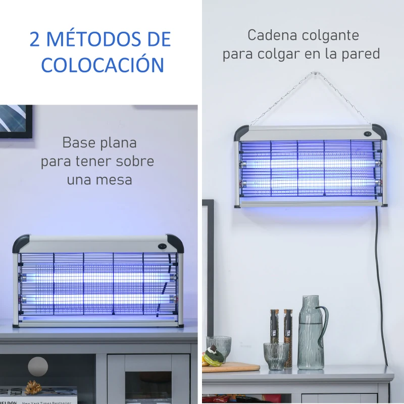Outsunny Lámpara Antimosquitos Eléctrico 30W Mata Mosquitos Eléctrico con Luz UV Efecto 60 m² 48,5x8,5x26,5 cm Plata