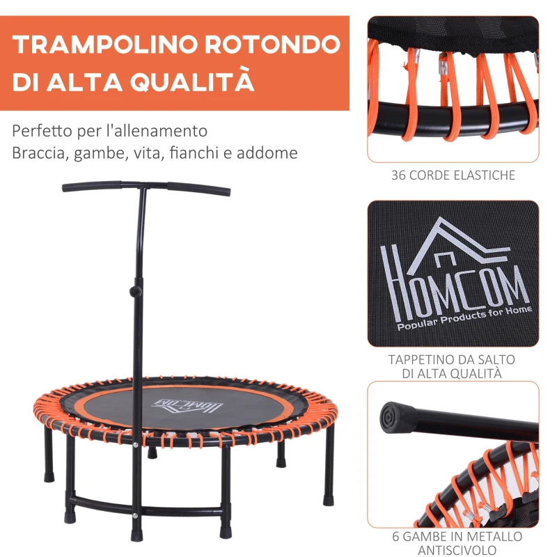 HOMCOM Trampolino Elastico con Maniglia di Sostegno Regolabile Diametro 114cm Carico Massimo 100kg, Arancione