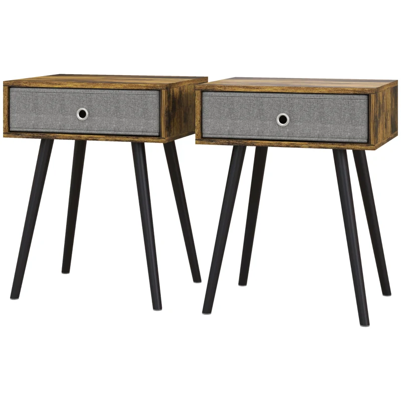 HOMCOM Bedside Table Set of 2, Industrial Nightstand, Tall End Table with Removable Fabric Drawer, Retro Chic Side Table Accent Furniture with Wooden Legs, Rustic Brown