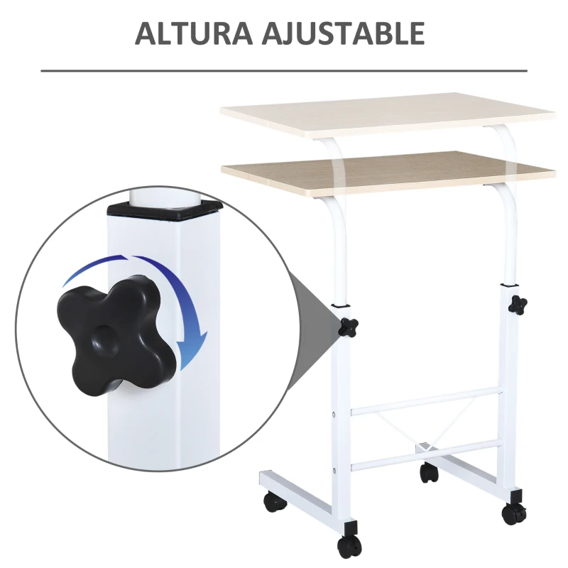 HOMCOM Mesa Auxiliar con Ruedas Mesa para Sofá con Altura Ajustable para Hogar Oficina 60x40x68-78 cm Blanco
