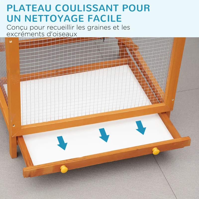 PawHut Cage à oiseaux volière en bois massif grande taille 2 portes toit asphalte tiroir amovible 68 x 63 x 165 cm orange