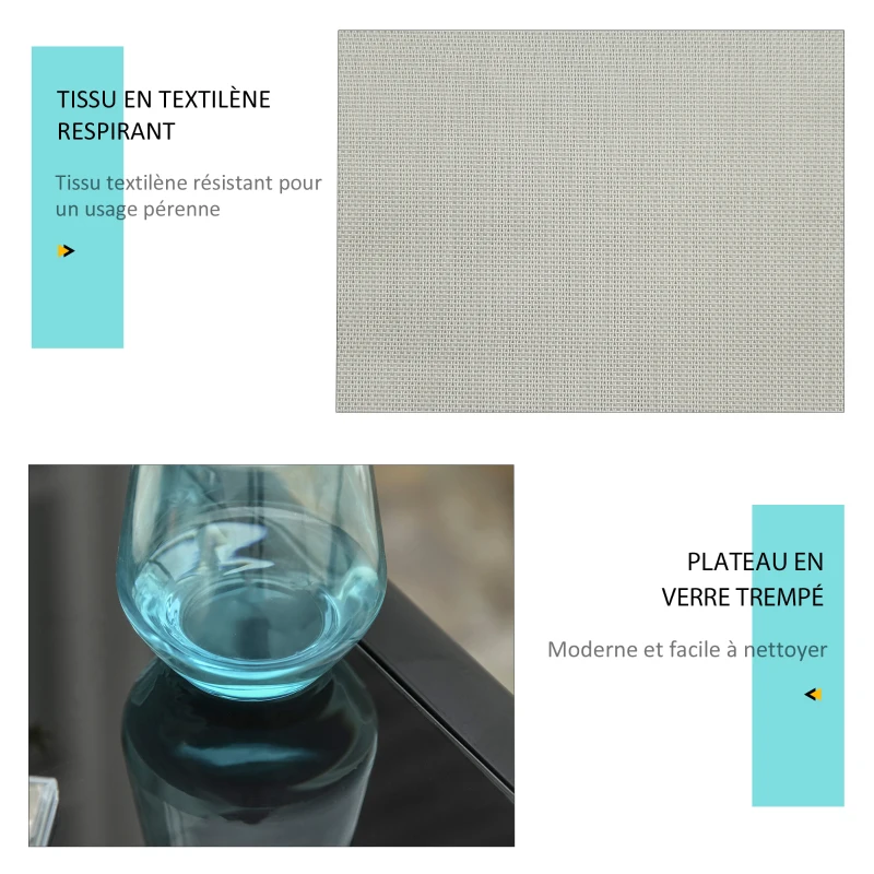 Outsunny Lot de 2 bains de soleil design contemporain table basse plateau verre trempé métal époxy textilène gris