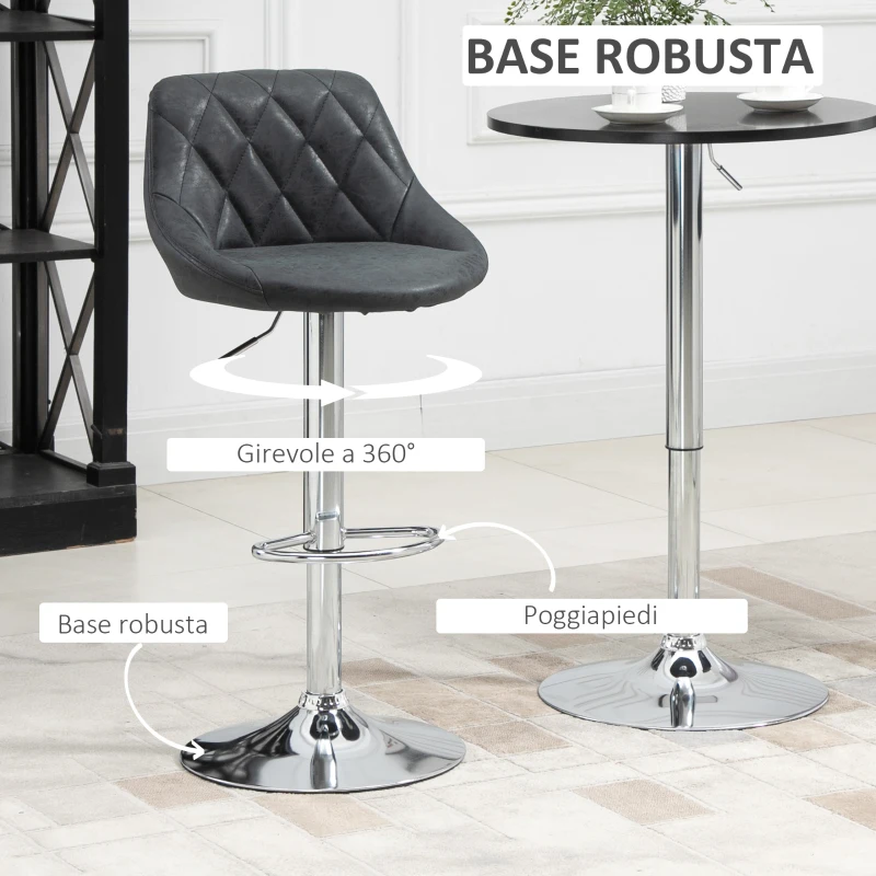 HOMCOM Set 2 Sgabelli da Bar con Altezza Regolabile, Base in Metallo e Seduta Finta Pelle, Sgabelli Alti Moderni Girevoli con Schienale e Poggiapiedi 46x48x83-104cm, Nero