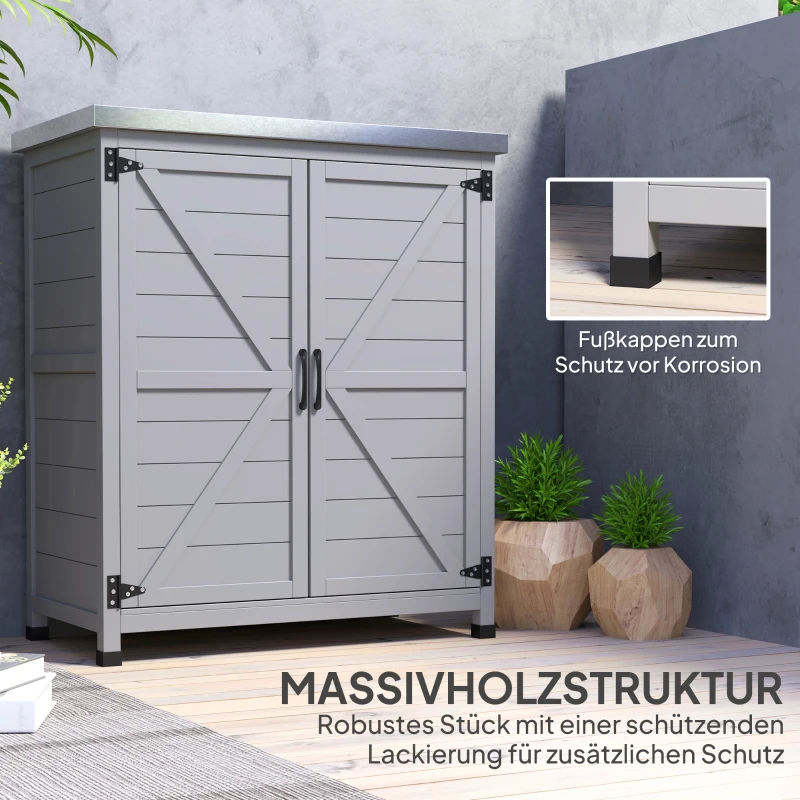Outsunny Gartenschrank, Außenschrank mit Arbeitsfläche, Werkzeugschrank, Massivholz, Stahl, 79B x 43T x 92H cm, Grau(m-7)