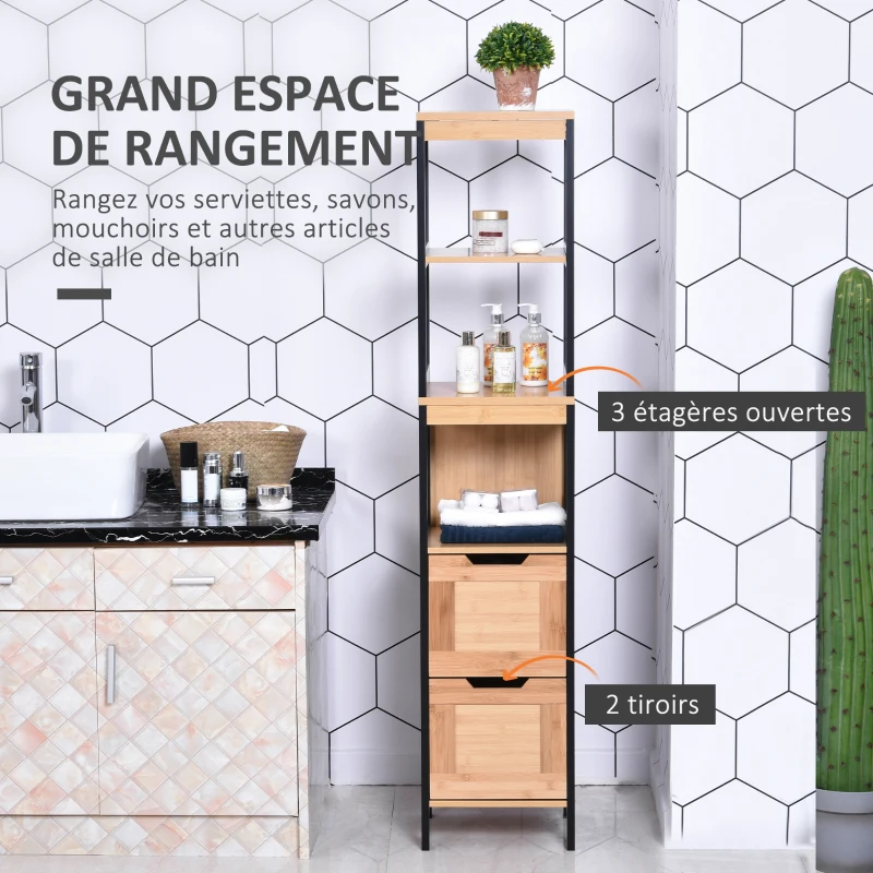 HOMCOM Meuble Colonne Rangement Salle de Bain Style Cosy dim. 30L x 30l x 144H cm 3 étagères 2 tiroirs Bambou Noir