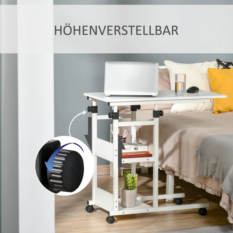 HOMCOM Beistelltisch mit Rollen, höhenverstellbar, kompakt, 2 Ablageböden, Metallrahmen, 80x40x72-82 cm, Weiß