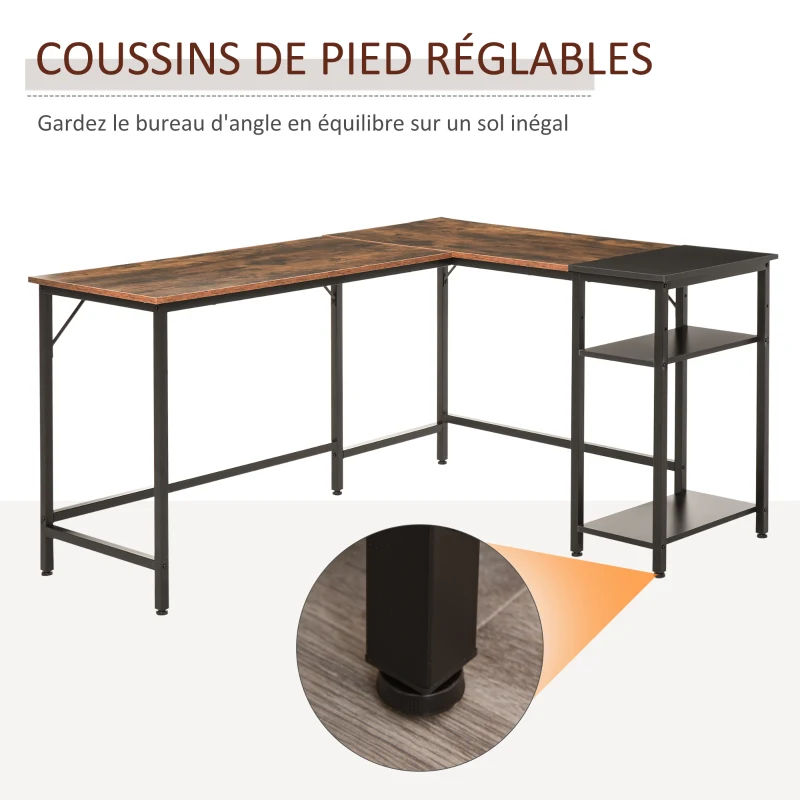 HOMCOM Bureau Informatique Design Industriel Bureau d'angle 2 tablettes Support CPU imprimante Aspect Vieux Bois métal Noir