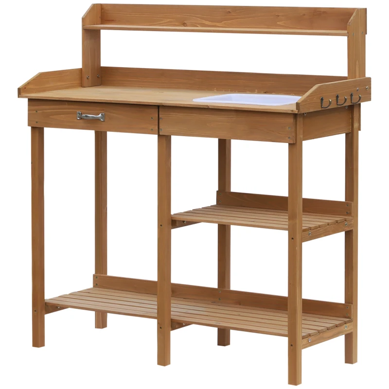 Outsunny Pflanztisch Gärtnertisch Blumentisch mit Wanne Garten Tannenholz Natur 117 x 45 x 121 cm