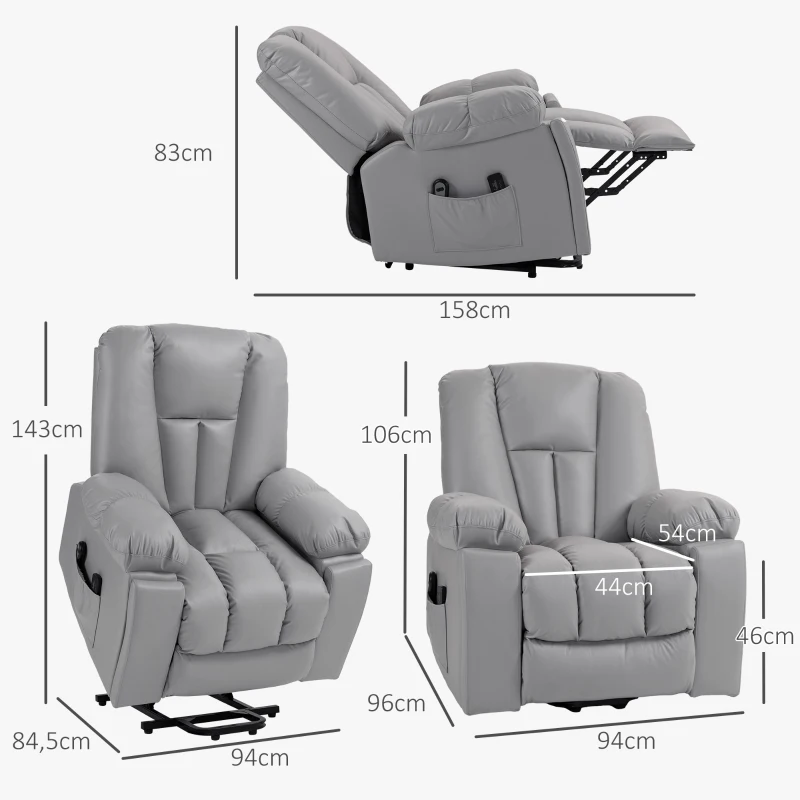 HOMCOM Massagesessel Relaxsessel Seniorensessel, Fernbedienung, Seitentaschen, 94 cm x 96 cm x 106 cm, Dunkelgrau(m-3)
