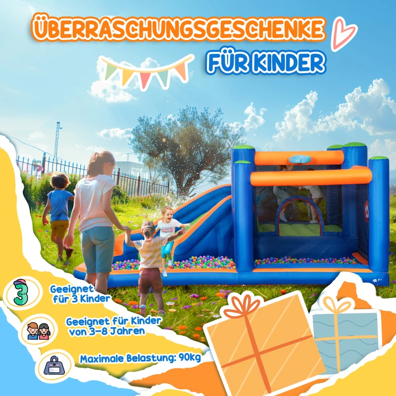 Outsunny Hüpfburg, mit Rusche, Hüpfbereich, Pool, aufblasbar, inkl. Elektropumpe, für bis 3 Kinder, 380 x 340 x 170 cm