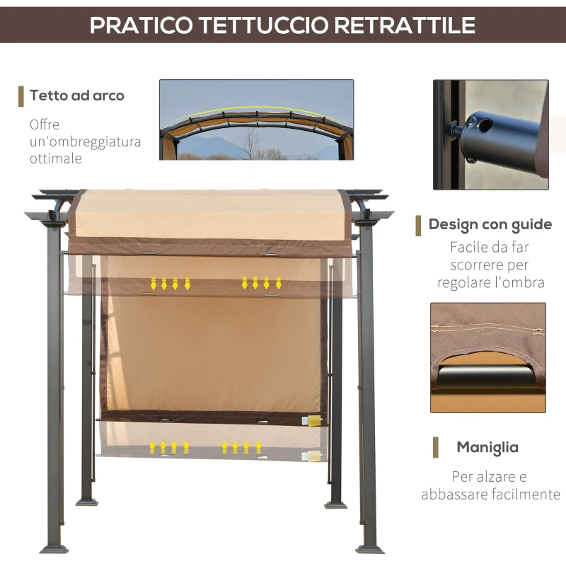 Outsunny Pergola con Tende Scorrevoli da Giardino 295x245cm, Gazebo a Pergola da Esterno in Metallo Cachi