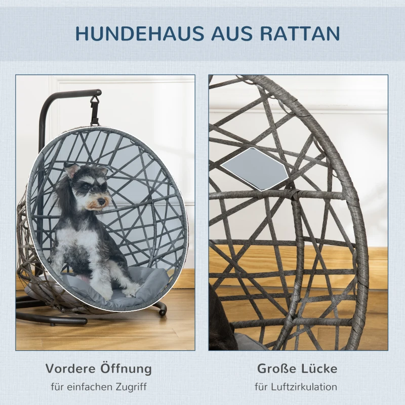 PawHut Rattan Hundehütte mit Kissen Hundehaus Haustierbett Katzenhaus Katzenkorb Katzenhöhle Hängesessel Hängematte für Hunde Katzen Outdoor Grau+Schwarz 60 x 53 x 76 cm