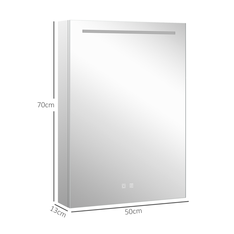 HOMCOM Spiegel-Badschrank, LED-beleuchtet, Anti-Beschlag, 50x13x70cm, Silber