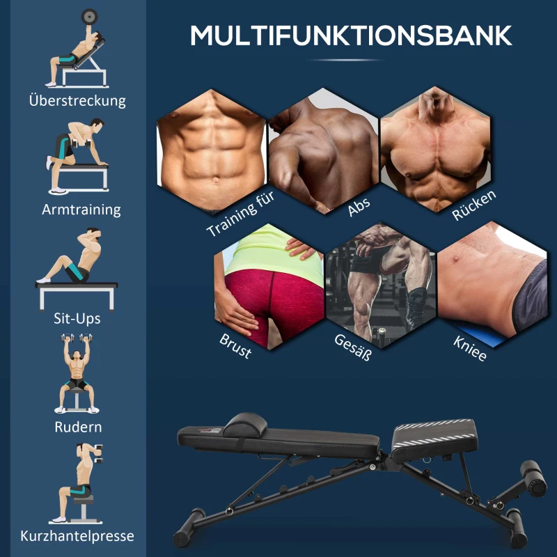 HOMCOM Hantelbank klappbar Multifunktion Trainingsbank verstellbare Sit Up-Bank für Heimtraining 6 Stufen Beinhalterung für Bauchtraining Gewicht bis 120kg Stahl Kunstleder Schwarz 145 x 55 x 41-114cm