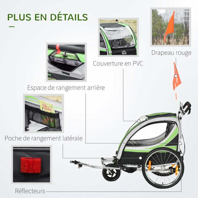 HOMCOM Remorque vélo pour enfant 2 en 1 convertible jogger poussette capacité 26,4 kg avec réflecteurs et drapeau - 2 places  - vert