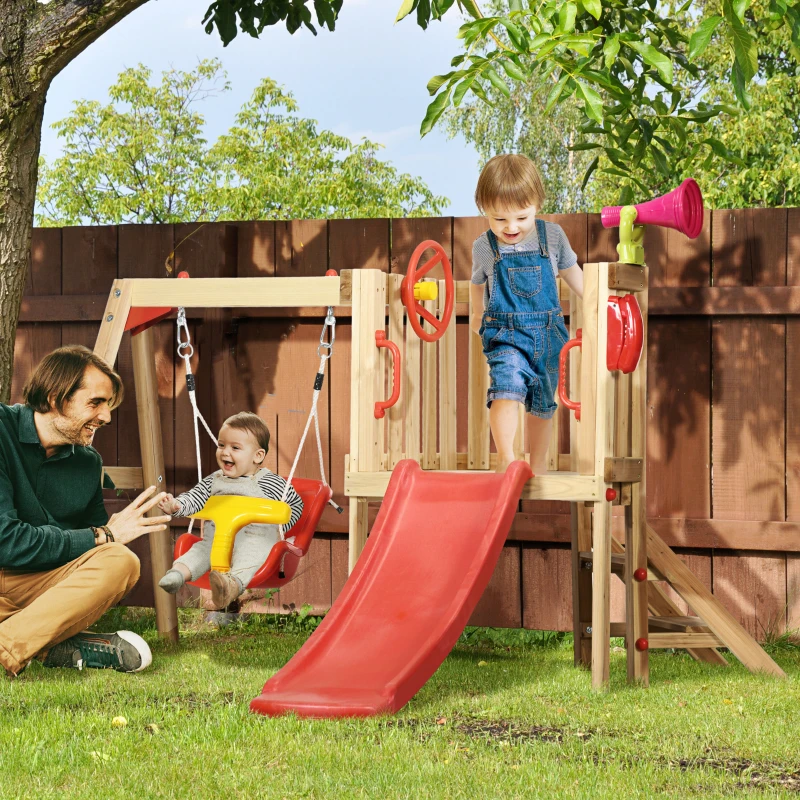 Outsunny Set con Scivolo e Altalena da Giardino per Bambini Età 18-48 Mesi, in Legno e Plastica, Rosso