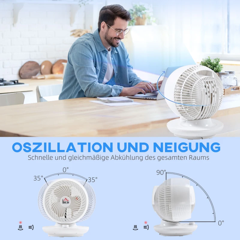 HOMCOM Tischventilator Umluftventilator 90° Kippfunktion 70° Oxidation 90° Schwenkbar Ventilator Lüfter 3 Geschwindigkeitsstufen ABS Kunststoff l Ø27 x 34H cm