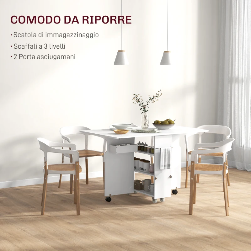 HOMCOM Tavolo a Ribalta Pieghevole con Ripiani a 3 Livelli, Box e Rotelle, in MDF, 130x80x76.5 cm, Bianco