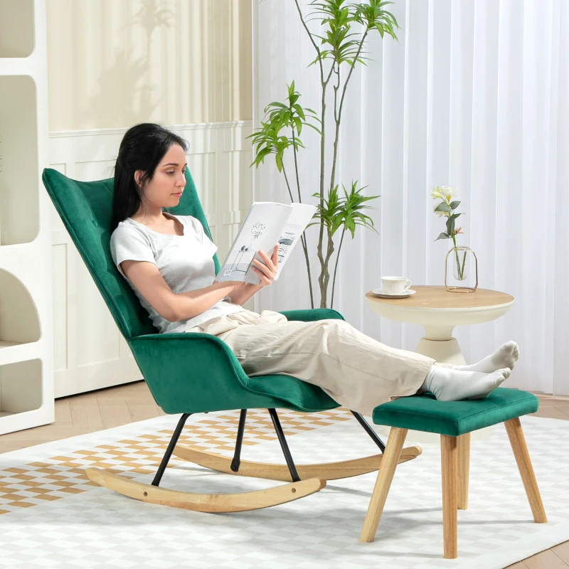 HOMCOM Schaukelsessel mit Hocker, gepolstert, hohe Rückenlehne, Samtoptik, bis 150 kg, Grün