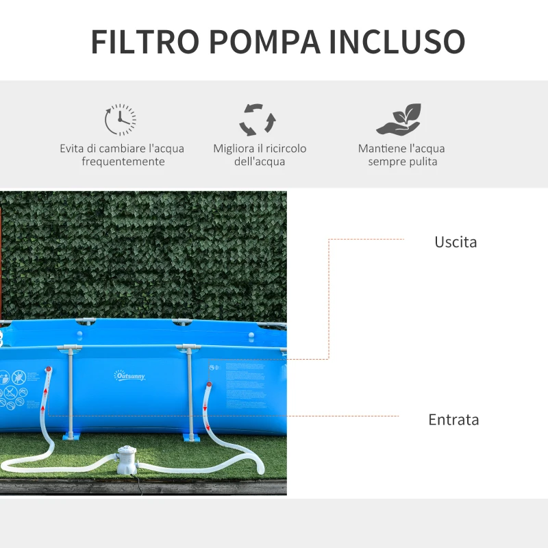 Outsunny Piscina Autoportante da Esterno, Piscina Rettangolare Fuori Terra con Filtro e Valvola in Acciaio e PVC, Blu, 292x190x75cm