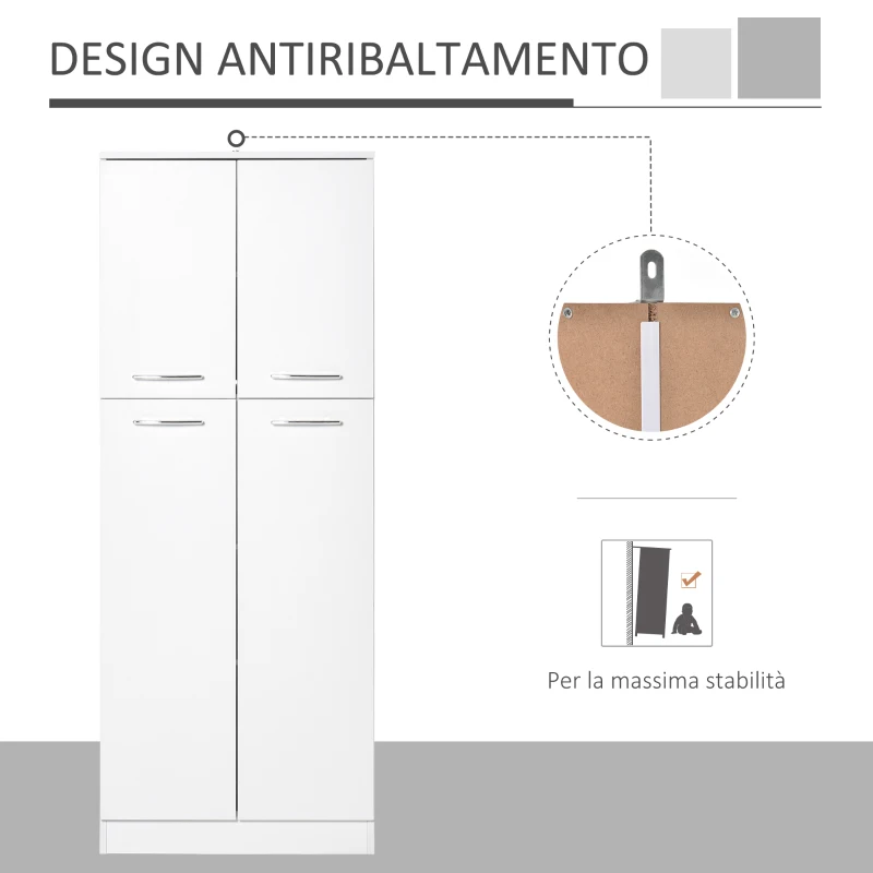 HOMCOM Armadio Multiuso a 4 Ante con Mensole Regolabili in MDF, 59x31x155cm, Bianco