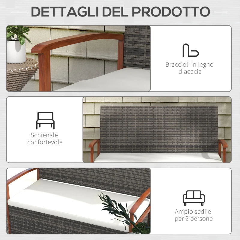Outsunny Divano da Giardino 2 Posti con Spazio Portaoggetti e Cuscini, in Rattan e Acciaio, 127.5x64x81 cm