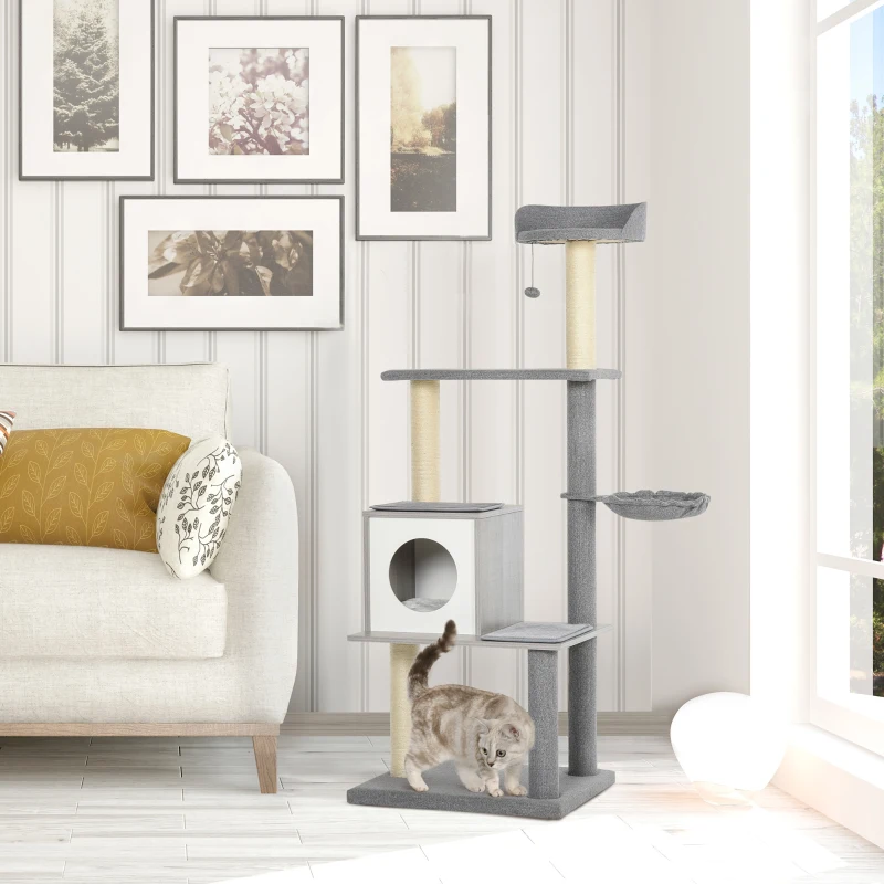 PawHut Katzenbaum mit Kratzbaum, Kletterbaum für Katzen Plüsch-Sitzmulden mit Höhle und Liegeflächen, Vierstöckig Grau&Weiß, 61x49x160,5 cm