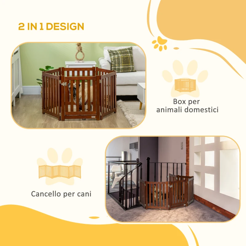 PawHut Recinto e Cancellino per Cani di Piccola Taglia a 6 Pannelli, Design Pieghevole e Salvaspazio, Marrone