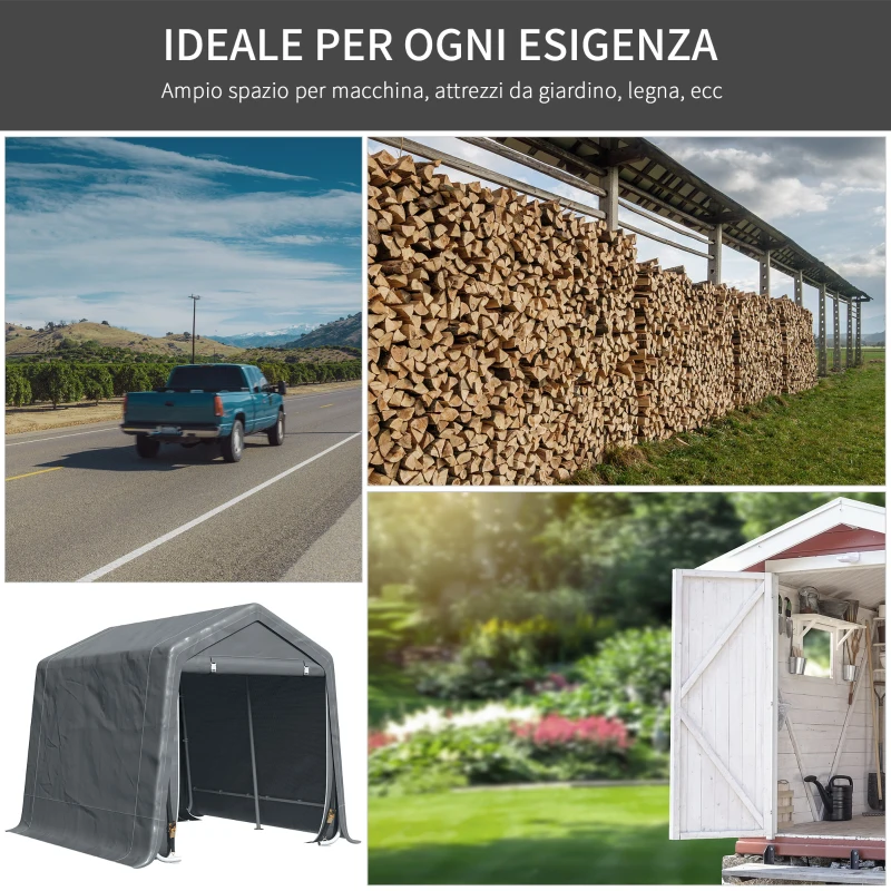 Outsunny Tendone Garage per Auto, Moto e Attrezzi in Metallo e Tessuto PE, 280x240x240cm, Grigio