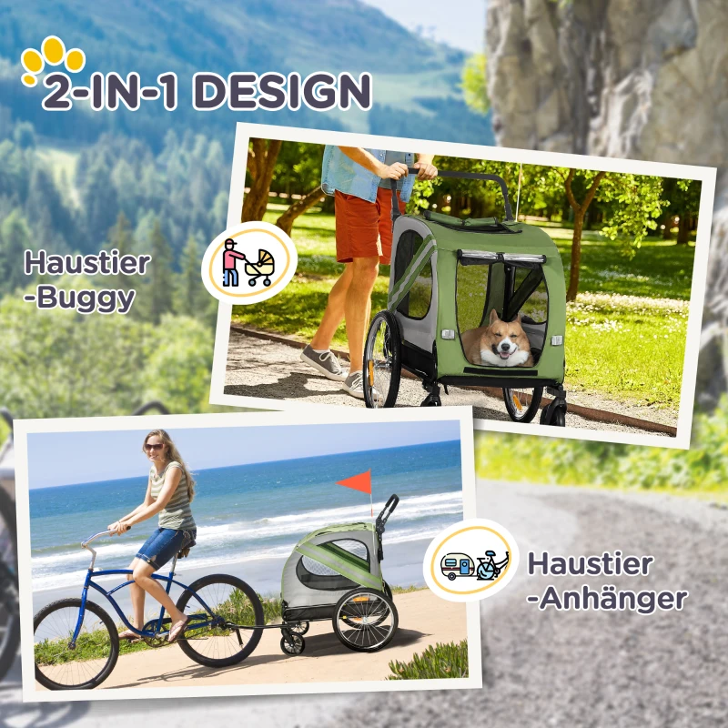 PawHut 2-in-1 Hundebuggy, Hundefahrradanhänger, klappbar, wetterfest, für Hunde bis 20 kg, Grün(m-4)