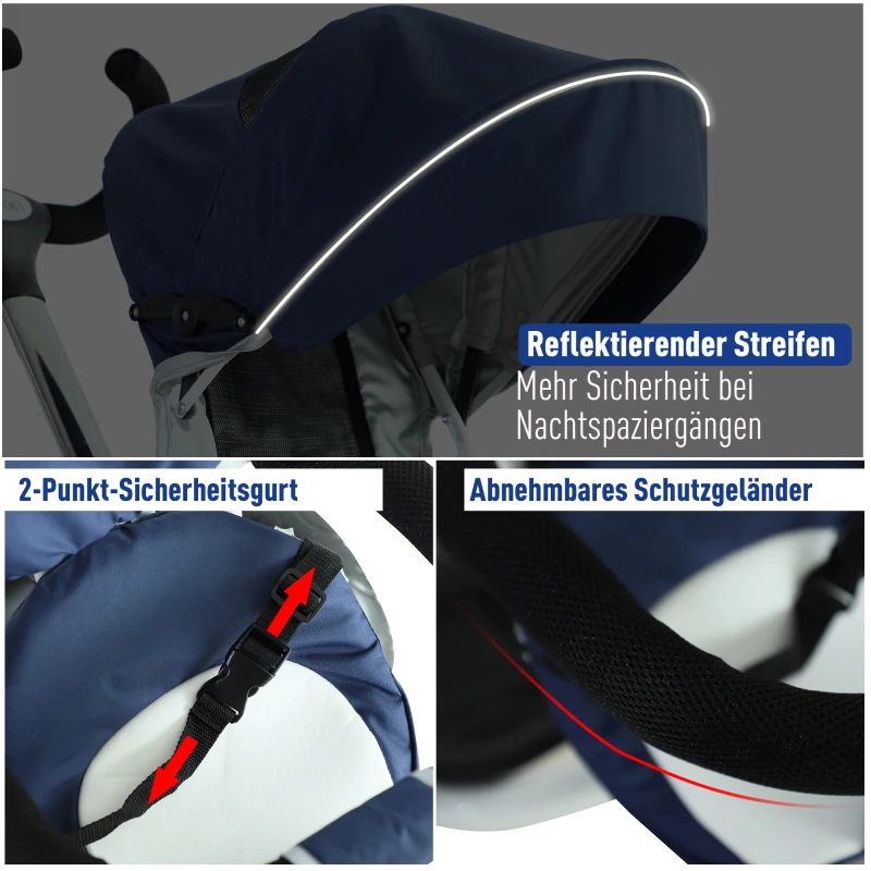 HOMCOM 4-in-1 Kinderdreirad, Kinder Fahrrad mit Sicherheitsgurt und Sonnendach, Dreirad, Kinderauto, Aluminium, Metall, Kunststoff, Blau, 118 x 53 x 105 cm