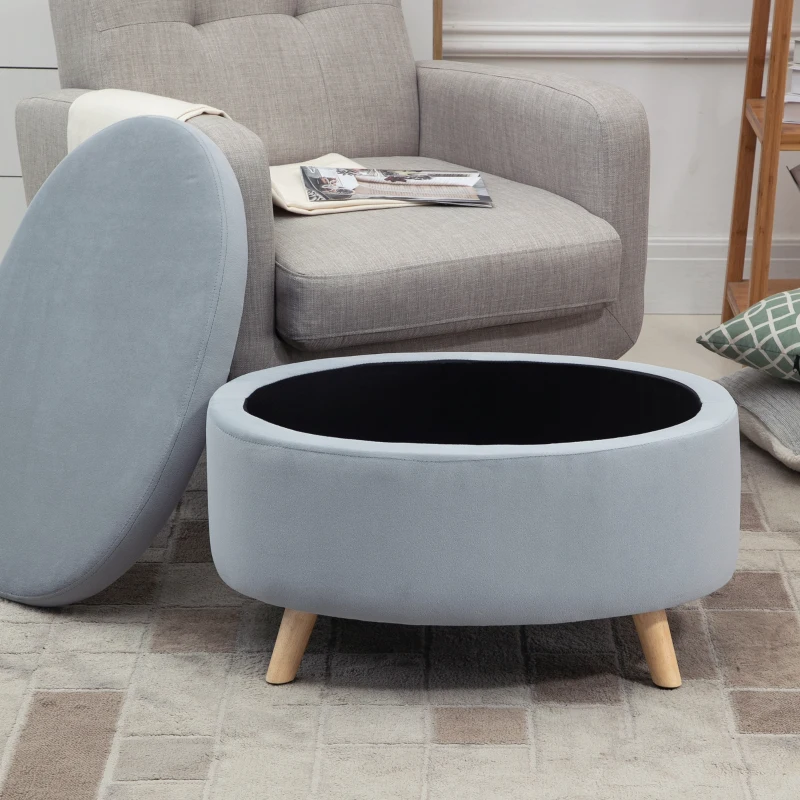 HOMCOM Otomana Puff Tapizada en Terciopelo Acolchada Taburete de Almacenaje con Tapa Extraíble y Patas de Madera para Dormitorio Salón Pasillo 71x51,5x42 cm Gris
