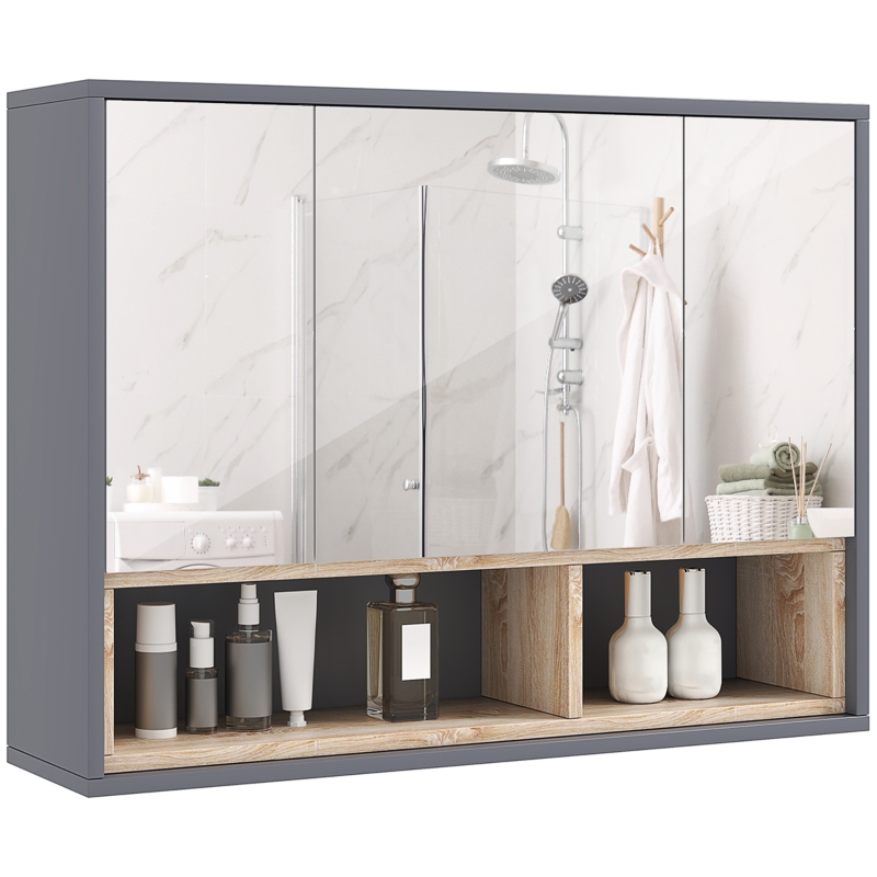 Specchiera Bagno A 3 Ante Con Armadietto HOMCOM - Grigio, 80x20x60 Cm, 8 Scomparti E Chiusura Soft Close